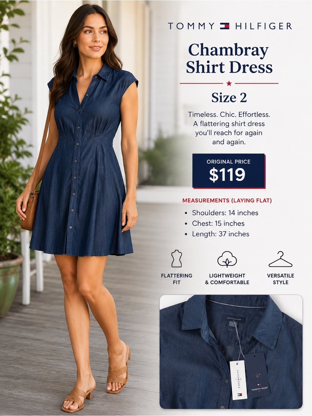 Tommy Hilfiger Women’s Navy Chambray Shirt Dress Size 2 NWT $119